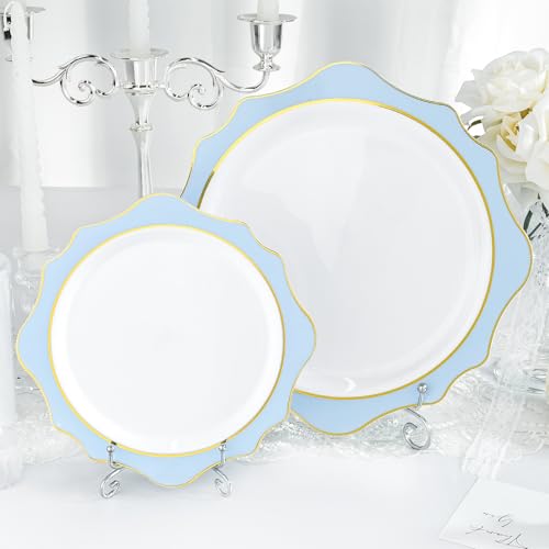 realluck 100Pcs White & Blue Plastic Plates for 50 Guests