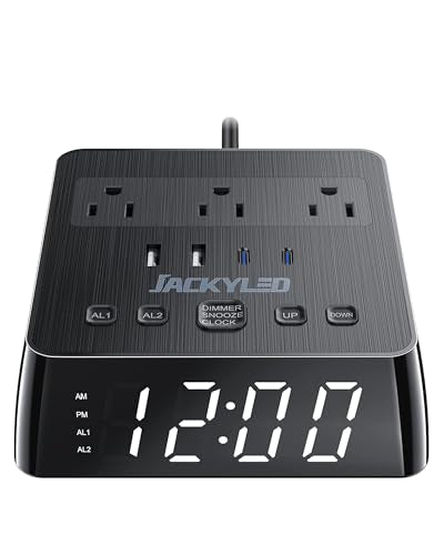 JACKYLED Black Alarm Clock with 4 USB Chargers & Power Outlets, Dimmable LED Display