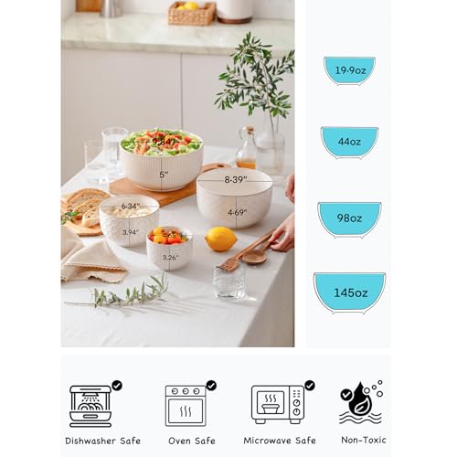 Mikiegy Ceramic Mixing Bowls Set of 4, Nesting Embossment Stoneware