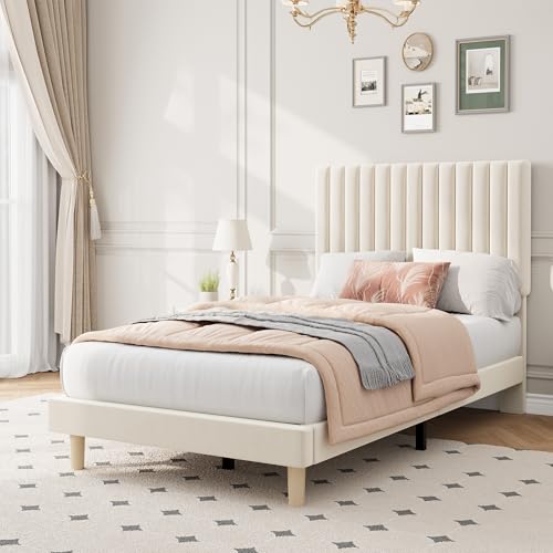 Beige Twin Bed Frame with Adjustable Velvet Headboard - Modern Platform Bed