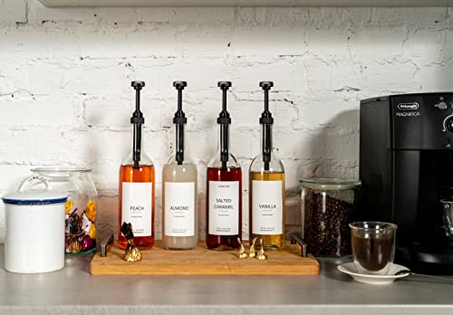 Glass Coffee Syrup Dispenser Set of 4 with Pumps & Labels - 25.4 oz / 750 ml