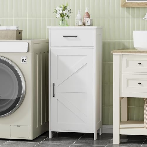 Homhedy White Bathroom Storage Cabinet with Drawer & Adjustable Shelf - Corner Fit