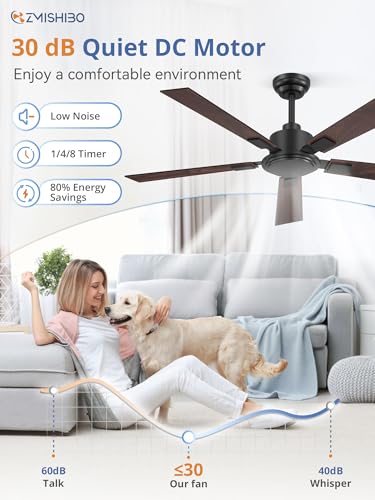 52 Inch Ceiling Fan Black No Light - High 3713 CFM, Reversible Quiet Motor, Remote Control, Adjustable Downrod