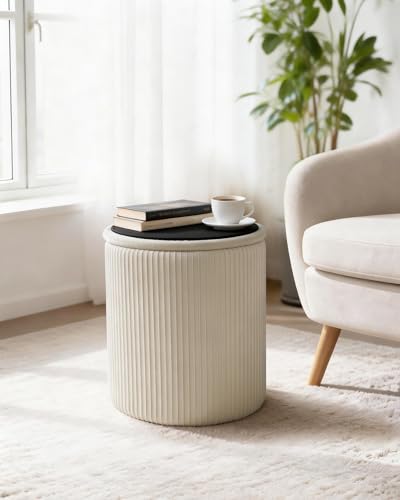 Beige Velvet Round Storage Ottoman Footrest with Hidden Compartment - LITZFUR