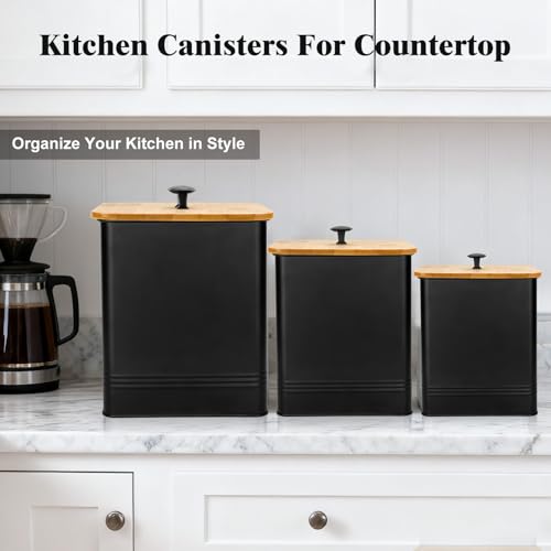 Kitchen Canisters Set of 3 - Black Metal Food Storage Containers with Airtight Lids & Chalkboard Labels
