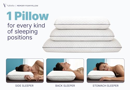 Vaverto King Size Memory Foam Pillow Pack of 2 - Firm, Orthopedic Support, Cooling Gel, White