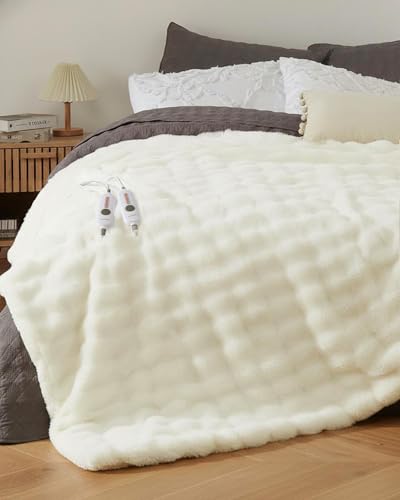 GarveeHome King Size Heated Blanket Faux Fur Dual Control 8H Auto-Off White