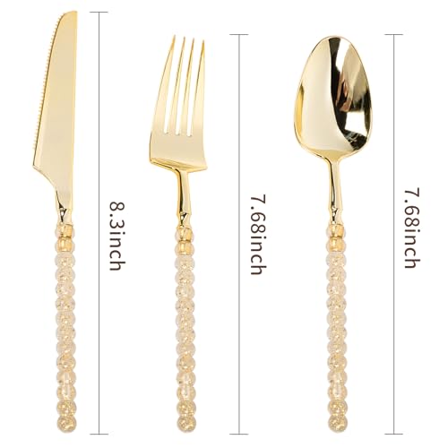 150PCS Heavy Duty Gold Plastic Silverware Set Bead Embellished - Elegant Disposable Utensils