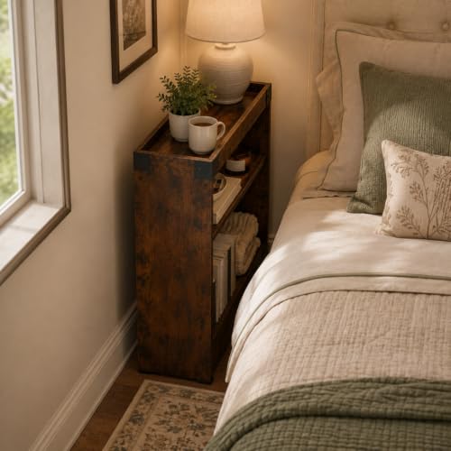 Rustic Brown Narrow Side Table with Tray Top - 8" Slim End Table