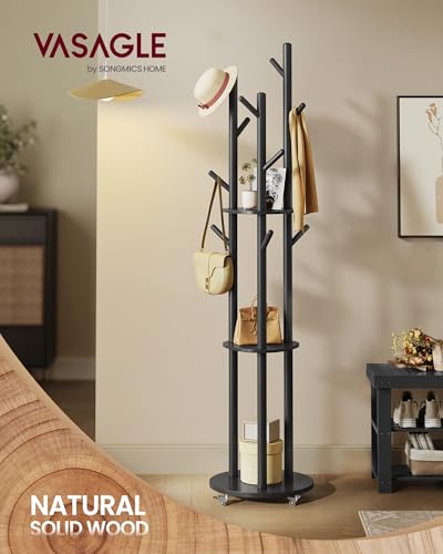 VASAGLE Freestanding Coat Rack Stand with Wheels, 11 Hooks, 3 Shelves - Ink Black