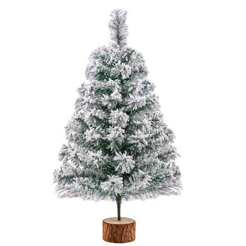 2Ft Artificial Christmas Tree Green Tabletop Christmas Tree with Snow Flocked Mini Xmas Pine Tree with Wooden Stand for Indoor Outdoor Holiday Home Decoration