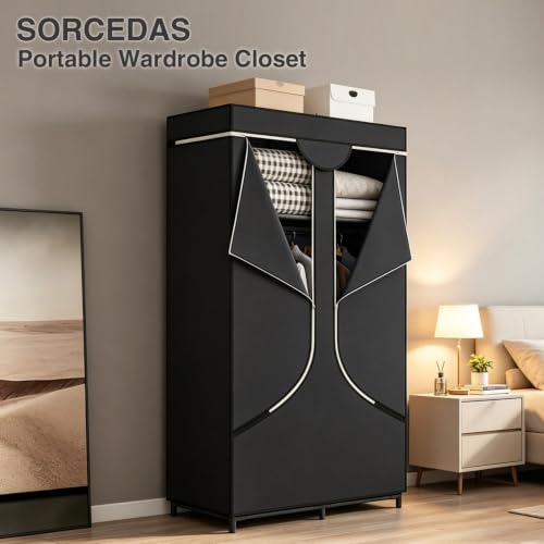 34 Inch Black Wardrobe Closet with Hanging Rods and Shelves - Large Capacity Storage