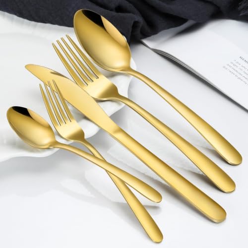 Hunnycook Gold 60-Piece Stainless Steel Silverware Set for 12 - Dishwasher Safe Kitchen Utensil Set