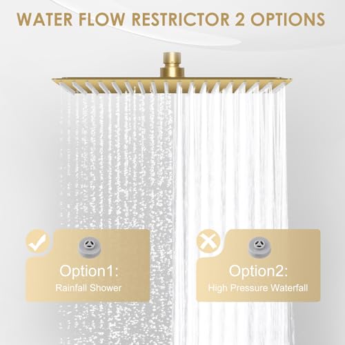 16 Inch Square Brushed Gold Rain Shower Head Ceiling Mount - All Metal Stainless Steel, Waterfall Bathroom Square Showerhead