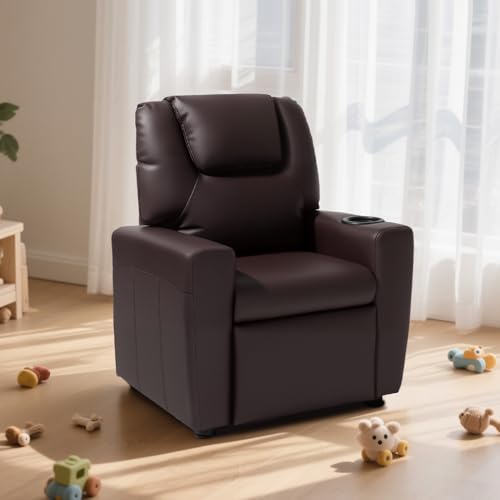VEVOR Brown Kids Recliner with Cup Holder, Adjustable Backrest & Footrest, Toddler Reclining Chair for Ages 1-3
