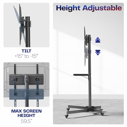 VIVO TV Cart for 13-60 Inch Flat & Curved Screens Max 55 lbs, Locking Casters, Adjustable Height, Shelf, Black, STAND-TV04M