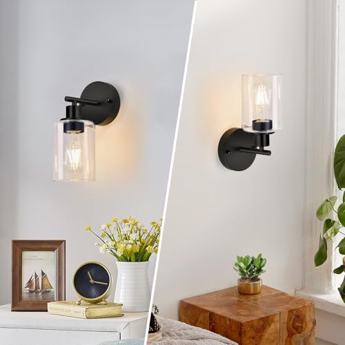 Matte Black Wall Sconces Set of 2 with Clear Glass Shades - Reversible Mounting Bathroom Vanity Lights
