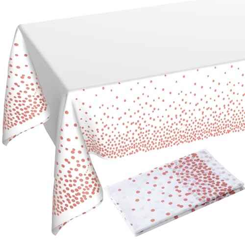 108"x54" 2 Packs Rose Gold White Tablecloth for Parties Rectangle Table, Dot Confetti Rectangular Plastic Table Cover, Thanksgiving Christmas, Wedding, Anniversary, Baby Shower, Birthday
