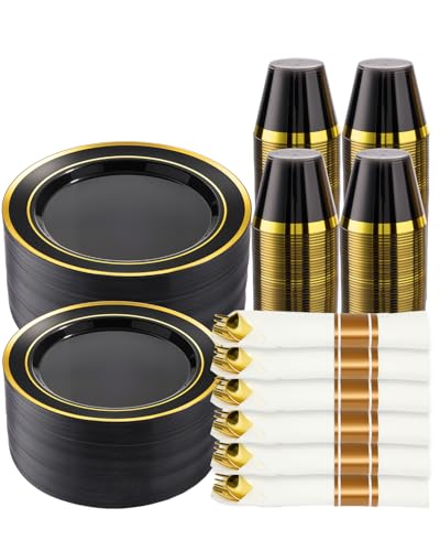 Realluck Black Disposable Dinnerware Set for 100 Guests – Plates, Cups, Napkins & Silverware