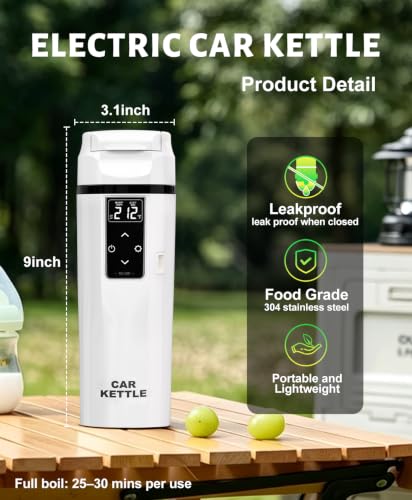 White 450ml Car Electric Kettle with Boil & Keep Warm for Travel & Commute