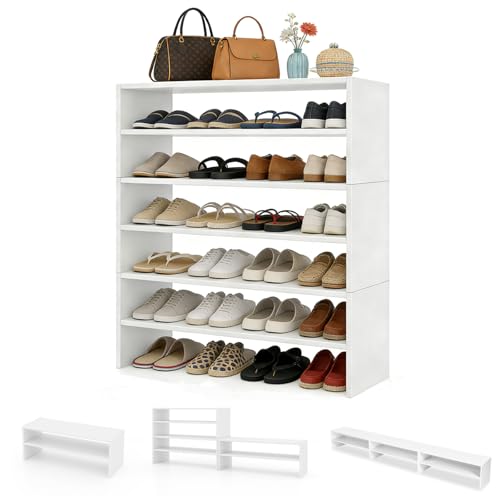 White COSTWAY 6-Tier Shoe Rack Organizer - Extra Wide Shoe Shelf, Stackable Design