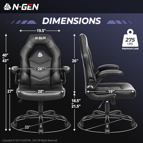 N-GEN Gaming Chair with Lumbar Support - PU Leather, Flip-Up Arms, Jet Black
