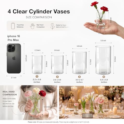 48pcs Glass Cylinder Vases Set - 4, 5, 6 Inch Clear Flower & Candle Holders with Variation 4+4+5+6 Inch