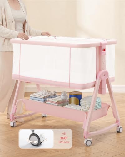 Baby Bedside Sleeper Bassinet with Storage Basket & Wheels - Pink - Variation of THIS listing