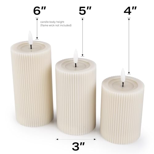 Cream Beige Fluted LED Pillar Candles Set of 3 - Flameless Dimmable Remote