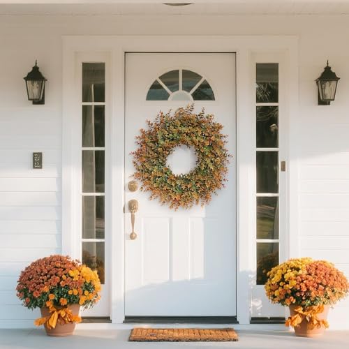 26-Inch Large Fake Eucalyptus Fall Wreath for Front Door Decor - Orange & Green - Variation of THIS listing