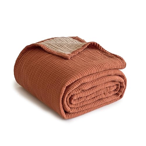 Cotton Muslin Blanket Queen Size Reversible 4-Layer Gauze Bedspread for All-Season Comfort - Rust Orange