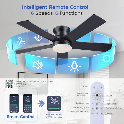 Ayaoty 48in Black Flush Mount Ceiling Fan with Lights, 6-Speed Dimmable Reversible Motor