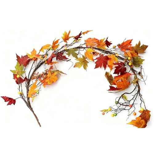 5.9 FT Fall Leaves Decor Fall Garland with Seeds, Fall Decorations Maples Leaves Garland Autumn Harvest Halloween Thanksgiving Decor Indoor Outdoor