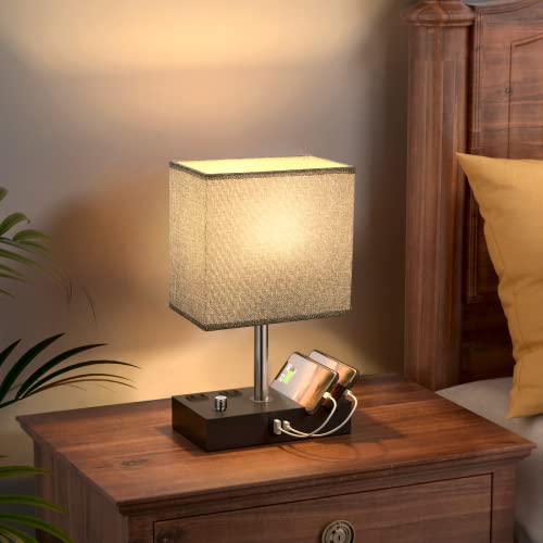 Wood Grain Bedside Table Lamp with USB Charging & 2 Outlets - Stepless Dimmable, 1 Pack