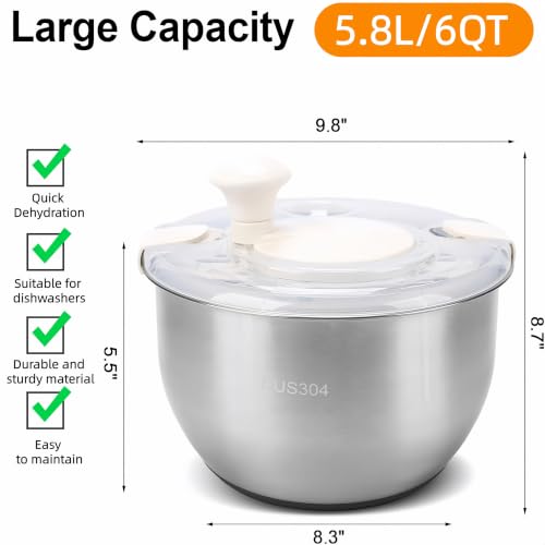 Black Stainless Steel Salad Spinner 6L - Easy Clean Vegetable & Fruit Dryer