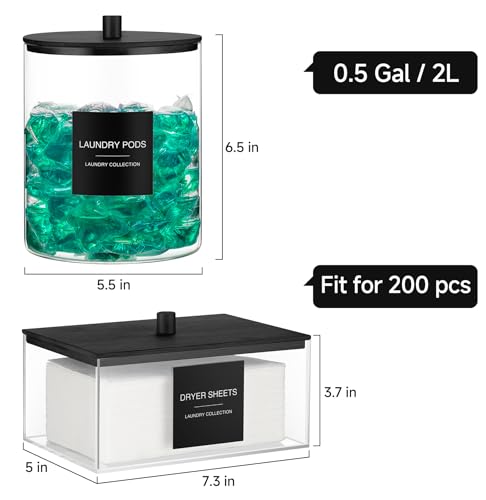 TIPGO Black Glass Jar & Acrylic Dryer Sheet Holder Set with Measuring Cups for Laundry Room Organization