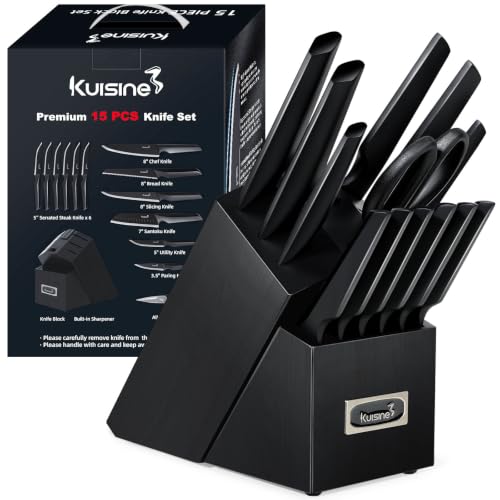 Black 15-Piece Kitchen Knife Set with Block - High Carbon Stainless Steel