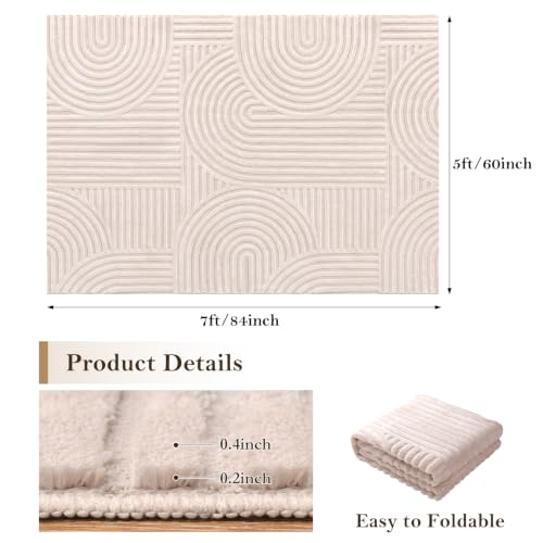 Ciicool 5' x 7' Beige Rainbow Textured Washable High-Low Plush Area Rug