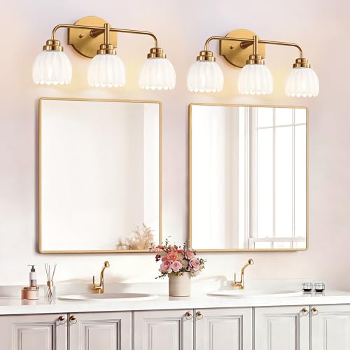 Gold Bathroom Light Fixture 3-Light Vintage Vanity Over Mirror - Brush Gold & Milk, 19.2 Inch