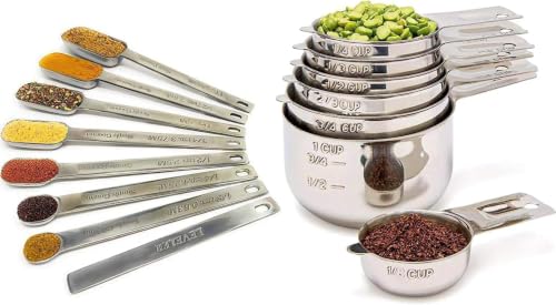 15 Piece Stainless Steel Measuring Cups and Spoons Set - Stackable Kitchen Gadgets for Liquid & Dry Ingredients - Includes Leveler - Dishwasher Safe - Premium Quality