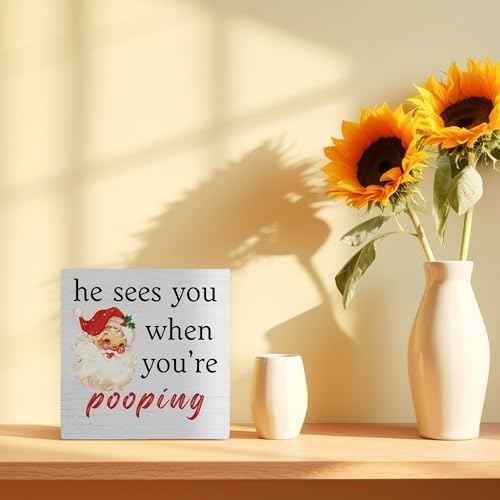 Red Christmas Santa Bathroom Wooden Box Sign,He Sees You When You're Pooping Wood Sign,Funny Christmas Bathroom Desk Sign For Home Barthroom Toilet Restroom Decor,Red Christmas Decor,5x5 Inch