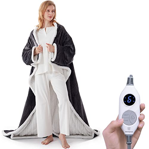 Westinghouse Wearable Heated Blanket with Foot Pocket & Sherpa, Grey 70x50"