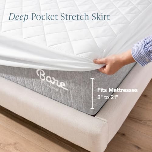 Bare Home Queen Quilted Mattress Pad - White, Deep Pocket Fitted, 15" Depth