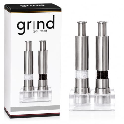 Grind Gourmet 316 Stainless Steel Salt & Pepper Grinder Set Refillable Modern Pump & Grind