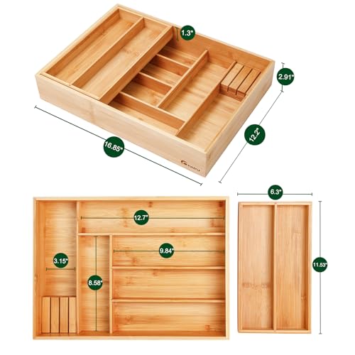 Two Tier Bamboo Kitchen Drawer Organizer - 16.85 x 12.2 in Silverware Tray with Removable Knife Block