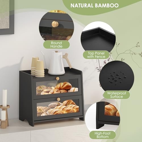 Black 2-Tier Double Layer Bread Box for Kitchen Countertop - Eco-Friendly Bamboo
