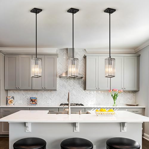 Black 3-Pack Crystal Pendant Lights for Kitchen Island Dining Room Adjustable Hanging Fixture