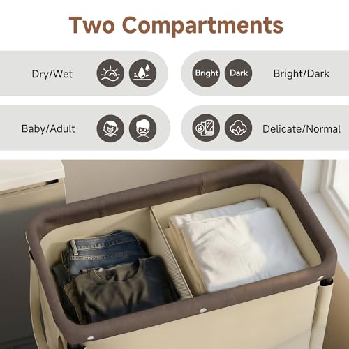 Laundry Hamper 2-Section 100L with Wheels - Light Khaki Sorter Cart