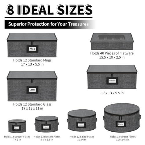 8-Piece Quilted China Storage Set with Felt Dividers - Grey