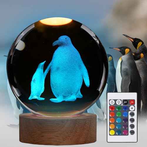 Penguin Night Light, Penguin Gifts, K9 3.15 Inch (80mm) Crystal Ball Night Light with 16 Colors Remote Upgraded Lamp for Birthday Xmas Cool Animal Figurines Gifts for Room Decor Boys Girls